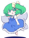  1girl ascot barefoot blue_dress blush_stickers collared_shirt daiyousei dress fairy fairy_wings fried_rice0614 full_body green_eyes green_hair highres one-hour_drawing_challenge open_mouth shirt short_hair short_sleeves side_ponytail simple_background smile solo touhou white_background white_shirt wings yellow_ascot 