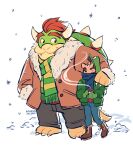  2boys barefoot blue_eyes blue_scarf bowser brown_eyes brown_footwear brown_hair coffee_cup cup denim disposable_cup facial_hair fur_trim hand_in_pocket hand_on_another&#039;s_shoulder highres jeans looking_at_another luigi lukosei multiple_boys mustache pants redhead scarf signature size_difference smile snow spiked_shell spiked_tail striped striped_scarf super_mario_bros. tail turtle_shell winter_clothes 
