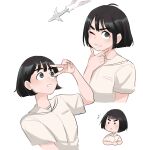  1girl :3 :o ;) absurdres after_school_lessons_for_unripe_apples aircraft airplane bangs black_eyes black_hair bob_cut commentary green_eyes highres hwang_mi-ae looking_up multiple_views one_eye_closed palettebaibailu short_hair short_sleeves simple_background smile thick_eyebrows upper_body upturned_eyes v v-shaped_eyebrows white_background 