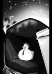  animal animal_focus black_border blurry blurry_background border car car_interior closed_mouth detached_collar ground_vehicle hat highres mafiaduck_(nilan) motor_vehicle necktie nilan_1999 original sitting snow solo 