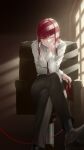  1girl absurdres bangs black_socks blush bralines breasts chainsaw_man chair collar crossed_legs formal highres leash long_hair looking_at_viewer makima_(chainsaw_man) necktie redhead sitting smile socks solo somebody_(leiking00) suit yellow_eyes 