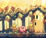  :d forest full_body grass green_footwear highres kirby kirby_(series) koopa_troopa light_rays looking_at_viewer nature nintendo no_humans open_mouth outdoors red_footwear smile standing standing_on_one_leg super_mario_bros. suyasuyabi tree whispy_woods 