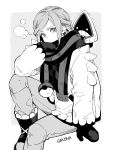  1boy arisaka_ako boots character_name closed_mouth commentary_request greyscale grusha_(pokemon) highres jacket long_sleeves looking_at_viewer male_focus mittens monochrome on_shoulder pants pokemon pokemon_(creature) pokemon_(game) pokemon_on_shoulder pokemon_sv scarf simple_background sitting snorunt two-tone_scarf 