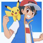  1boy ash_ketchum bangs baseball_cap black_hair blue_background blue_jacket brown_eyes clenched_hands commentary_request grin hat jacket kouzuki_(reshika213) looking_at_viewer male_focus on_shoulder open_clothes open_jacket pikachu pokemon pokemon_(anime) pokemon_(creature) pokemon_journeys pokemon_on_shoulder popped_collar red_headwear shirt short_hair short_sleeves sleeveless sleeveless_jacket smile t-shirt teeth upper_body w_arms white_shirt 