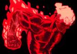  1boy agni_(fire_punch) black_background black_hair burn_scar burning clenched_teeth dark_background fire fire_punch flaming_eye highres jbbetz looking_to_the_side muscular muscular_male red_eyes red_theme scar short_hair simple_background solo teeth topless_male 