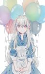  1girl :| apron balloon bangs blue_dress closed_mouth collared_dress dress expressionless hair_between_eyes hair_over_shoulder hair_ribbon hairband highres kagerou_project kozakura_marry long_hair looking_at_viewer mekakucity_actors muuta04 open_collar own_hands_together pink_eyes pink_hairband pink_ribbon ribbon simple_background sleeves_past_wrists solo straight-on upper_body wavy_hair white_apron white_background white_hair 