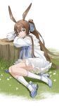  1girl absurdly_long_hair absurdres amiya_(arknights) animal_ear_fluff animal_ears arknights blue_bow blue_eyes blush bow brown_hair dress english_commentary flower frilled_dress frills full_body hair_between_eyes hair_bow head_rest highres long_hair long_sleeves looking_at_viewer on_grass outdoors ponytail qingyang_heshan rabbit_ears shoes sidelocks sitting smile socks solo tree_stump very_long_hair white_dress white_flower white_socks 