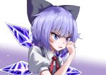  1girl absurdres blue_bow blue_dress blue_eyes blue_hair blush bow cirno collared_shirt crying crying_with_eyes_open dress fairy gradient gradient_background hair_bow highres ice ice_wings kabi_killer open_mouth puffy_short_sleeves puffy_sleeves shirt short_hair short_sleeves solo tears touhou upper_body white_shirt wings 