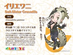  1girl black_hair black_jacket black_pants boots brown_eyes crocodilian_tail fingerless_gloves gloves grey_hair jacket kemono_friends long_hair looking_at_viewer multicolored_hair official_art open_mouth pants saltwater_crocodile_(kemono_friends) simple_background solo tail yoshizaki_mine 