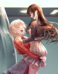  2girls :d absurdres blonde_hair brown_hair carrying closed_eyes floating_hair grey_skirt hand_on_another&#039;s_shoulder highres inoue_takina jacket lewol_7 long_hair long_sleeves looking_at_another looking_down lycoris_recoil lycoris_uniform miniskirt multiple_girls neck_ribbon nishikigi_chisato open_mouth pleated_skirt profile red_jacket ribbon shiny shiny_hair short_hair skirt smile straight_hair swat very_long_hair violet_eyes wing_collar 