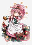  1girl animal_ears apron arknights artist_name bow braid cat_ears cat_girl cat_tail chibi christmas copyright floppy_ears floral_print flower fur-trimmed_sleeves fur_trim goldenglow_(arknights) goldenglow_(night_loving_servant)_(arknights) green_sweater hair_bow hair_ornament hairband hairclip holding holding_instrument horn_(instrument) instrument long_hair looking_at_viewer official_alternate_costume pink_hair poinsettia print_hairband red_bow red_hairband smile solo sweater tail tail_bow tail_ornament venn_(vebonbon) web_address white_apron white_bow yellow_eyes 