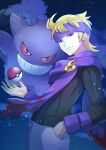  1boy black_sweater blonde_hair closed_mouth commentary_request gengar hand_in_pocket headband highres long_sleeves male_focus morty_(pokemon) night night_sky outdoors pants poke_ball poke_ball_(basic) pokemon pokemon_(creature) pokemon_(game) pokemon_hgss purple_headband purple_scarf ribbed_sweater scarf sky smile sweater violet_eyes zeroki_(izuno) 