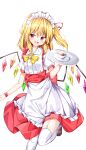  1girl :d blonde_hair bow bowtie crystal cup flandre_scarlet highres holding holding_tray looking_at_viewer maid maid_headdress one_side_up open_mouth red_eyes sabana short_hair smile solo teacup touhou tray wings yellow_bow yellow_bowtie 