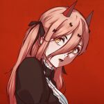  1girl bangs black_bow black_bowtie black_ribbon bow bowtie chainsaw_man cross-shaped_pupils hair_between_eyes hair_ribbon horns long_hair looking_back looking_to_the_side maid monokarumaru open_mouth pink_hair power_(chainsaw_man) puffy_sleeves red_background red_horns ribbon sharp_teeth simple_background solo symbol-shaped_pupils teeth twintails yellow_eyes 