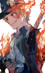  1boy absurdres blonde_hair burn_scar commentary fire highres industrial_pipe male_focus one_piece sabo_(one_piece) scar scar_on_face short_hair smile solo white_background yadu_nadu 