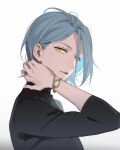  1boy bangs blue_hair bracelet ensemble_stars! eyokiki hair_behind_ear half-closed_eyes hand_on_own_neck himeru_(ensemble_stars!) jewelry light_blue_hair light_smile looking_at_viewer male_focus open_mouth parted_bangs sideways_glance simple_background smile solo white_background yellow_eyes 