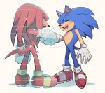  2boys closed_eyes fist_bump full_body gloves knuckles_the_echidna male_focus multiple_boys open_mouth shoes simple_background sk_rokuro smile sonic_(series) sonic_frontiers sonic_the_hedgehog standing white_background white_gloves 