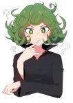  1girl ? absurdres bangs black_dress closed_mouth cropped_torso dress green_eyes green_hair highres long_sleeves looking_at_viewer medium_hair one-punch_man simple_background solo sorapoi tatsumaki upper_body wavy_hair white_background 