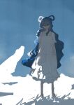  1girl absurdres alternate_costume alternate_hair_length alternate_hairstyle barefoot blue_eyes blue_hair blue_sky closed_mouth clouds dress full_body hair_rings highres kaku_seiga long_hair looking_at_viewer m09_mirage090 outdoors short_hair sky solo standing touhou white_dress 