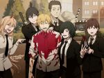  3boys 3girls bangs black_hair black_jacket black_necktie blonde_hair blood blood_on_clothes blood_on_face blood_on_hands blood_on_weapon blue_eyes brown_hair chainsaw_man clapperboard collared_shirt cosiecottage cross-shaped_pupils denji_(chainsaw_man) eyepatch formal hayakawa_aki higashiyama_kobeni highres himeno_(chainsaw_man) hirokazu_arai_(chainsaw_man) holding holding_knife horns jacket katana knife long_hair looking_at_viewer mole mole_under_eye mole_under_mouth multiple_boys multiple_girls multiple_moles necktie open_mouth outdoors pointing pointing_at_another power_(chainsaw_man) red_horns red_necktie scar scar_on_cheek scar_on_face sharp_teeth shirt shirt_tucked_in short_hair sleeves_rolled_up sling smile suit sword symbol-shaped_pupils teeth topknot twitter_username v weapon weapon_on_back white_shirt yellow_eyes 