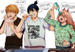  1girl 2boys annoyed bangs black_hair black_shirt blonde_hair blue_eyes brushing_teeth chainsaw_man cosiecottage cross-shaped_pupils denji_(chainsaw_man) green_sweater hair_between_eyes hayakawa_aki holding holding_another&#039;s_wrist holding_towel horns long_hair looking_at_another mouthwash multiple_boys open_mouth orange_eyes patterned pink_hair power_(chainsaw_man) red_horns sharp_teeth shirt short_hair simple_background speed_lines sweater symbol-shaped_pupils teeth toothpaste topknot towel twitter_username white_background white_shirt 