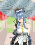 arknights blue_hair breasts dragon_horns gourd highres holding holding_umbrella horns light_smile ling_(arknights) long_hair medium_breasts necktie pointy_ears umbrella very_long_hair 