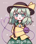  ... 1girl :o =3 absurdres black_headwear blush bow buttons crossed_arms diamond_button floral_print frilled_shirt_collar frilled_sleeves frills green_eyes green_hair green_skirt hair_between_eyes hat hat_bow heart heart_of_string highres komeiji_koishi light_green_hair long_sleeves looking_at_viewer medium_hair open_mouth rose_print shirt sigh simple_background skirt sleeves_past_fingers sleeves_past_wrists solo third_eye touhou waroemon yellow_bow yellow_shirt 