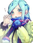  1boy aqua_eyes blue_hair blue_mittens blush grusha_(pokemon) long_hair long_sleeves looking_at_viewer open_mouth otoko_no_ko pokemon pokemon_(game) pokemon_sv scarf simple_background solo striped striped_scarf teeth white_background yoruhachi 