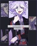  1boy absurdres bangs black_jacket buttons chain character_name collar collarbone copyright_name danganronpa_(series) danganronpa_another_episode:_ultra_despair_girls fangs grey_background grey_hair hair_between_eyes hand_up highres jacket komaeda_nagito long_sleeves looking_at_viewer male_focus medium_hair messy_hair metal_collar multiple_views open_clothes open_jacket open_mouth plcma servant_(danganronpa) shirt smile striped striped_shirt teeth tongue tongue_out upper_body 