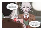  2boys :d bangs blurry blurry_background boleum_(dgrpluna) border brown_jacket brown_necktie commentary_request danganronpa_(series) danganronpa_3_(anime) green_sweater grey_eyes grey_hair hair_between_eyes hand_up hinata_hajime hope&#039;s_peak_academy_school_uniform jacket komaeda_nagito male_focus multiple_boys necktie open_clothes open_jacket portrait red_necktie red_sweater school_uniform shiny shiny_hair smile speech_bubble sweater teeth translation_request upper_body upper_teeth_only watermark white_border 