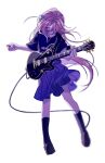  1girl bangs black_shirt black_socks blue_skirt bocchi_the_rock! brown_footwear electric_guitar full_body gibson_les_paul gotou_hitori guitar gusheng641 head_down highres holding holding_instrument holding_plectrum instrument loafers long_hair music one_side_up pink_hair playing_instrument pleated_skirt plectrum shirt shoes short_sleeves simple_background skirt socks solo white_background 
