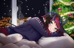  1girl 774_inc. alternate_costume bangs black_hair blue_eyes blush breasts christmas_tree city_lights closed_mouth commentary demon_girl demon_horns demon_tail earrings highres horns indoors jewelry large_breasts looking_at_viewer lying multicolored_hair on_bed on_stomach pillow pointy_ears pov_across_bed purple_sweater red_skirt redhead ryugasaki_rene short_hair skirt smile snowing solo stud_earrings sugar_lyric sweater symbol-only_commentary tail two-tone_hair virtual_youtuber zono_(inokura_syuzo029) 