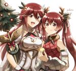  2girls :d artist_name bangs bare_shoulders cape cordelia_(fire_emblem) detached_sleeves fake_antlers fire_emblem fire_emblem_awakening fire_emblem_fates fire_emblem_heroes hair_between_eyes holding holding_ornament holding_polearm holding_weapon long_hair looking_at_viewer mistletoe_hair_ornament mother_and_daughter multiple_girls official_alternate_costume open_mouth pochi_(furaigonn) polearm red_eyes redhead selena_(fire_emblem_fates) severa_(fire_emblem) smile twintails upper_body weapon white_cape 