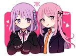  2girls arrow_(symbol) artist_name bangs black_jacket black_ribbon black_shirt braid closed_mouth collared_shirt cropped_torso danganronpa:_trigger_happy_havoc danganronpa_(series) danganronpa_2:_goodbye_despair english_text galaga hair_ornament hair_ribbon heart jacket khee kirigiri_kyouko light_blush light_purple_hair long_hair looking_at_another looking_to_the_side multiple_girls nanami_chiaki neck_ribbon necktie open_clothes open_jacket open_mouth orange_necktie personality_switch pink_background pink_eyes pink_hair pink_ribbon popped_collar purple_hair ribbon shirt side_braid sideways_glance sleeves_past_fingers sleeves_past_wrists teeth two-tone_shirt upper_body upper_teeth_only very_long_sleeves violet_eyes white_background white_shirt 
