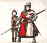  2girls armor belt boots brown_hair chainmail full_body gambeson gauntlets gloves greaves helmet highres holding holding_weapon long_hair medieval multiple_girls original polearm scabbard sheath standing sword vanishlily weapon 