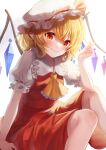  1girl absurdres acchun ascot blonde_hair blush closed_mouth collared_shirt commentary crystal dress fang fang_out flandre_scarlet frilled_ascot frilled_shirt_collar frilled_sleeves frills hair_between_eyes hand_up hat highres looking_at_viewer mob_cap pointy_ears puffy_short_sleeves puffy_sleeves red_dress red_eyes shirt short_hair short_sleeves simple_background smile solo touhou white_background white_headwear white_shirt wings yellow_ascot 