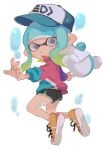  1girl :o absurdres aqua_hair aqua_headwear bangs black_shorts gradient_hair green_hair grey_eyes hat highres holding holding_weapon inkling inkling_girl jacket long_sleeves looking_at_viewer looking_back mikoshiba_m multicolored_clothes multicolored_hair multicolored_jacket open_mouth orange_footwear pointy_ears shoes short_shorts shorts sneakers splatoon_(series) tentacle_hair water_drop weapon white_background 