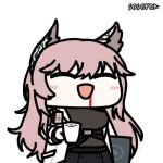 1girl animal_ears animated_gif arknights blood_from_mouth coffee_mug eyebags long_hair mug open_mouth seseren