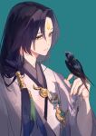  1boy absurdres bird bishounen chinese_clothes facial_mark forehead_mark hair_over_shoulder hanfu highres long_hair looking_down low-tied_long_hair male_focus rachelee618 solo tassel the_tale_of_food yellow_eyes zi_tui_yan 