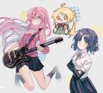  3girls ahoge bangs black_ribbon black_skirt black_socks blonde_hair blue_eyes blue_hair bocchi_the_rock! bow chibi closed_mouth collared_shirt crossed_arms cube_hair_ornament electric_guitar gotou_hitori guitar hair_between_eyes hair_ornament highres holding holding_instrument hood hoodie ijichi_nijika instrument jacket long_hair long_sleeves looking_at_viewer miao_(sisheng) multiple_girls neck_ribbon one_side_up open_mouth pink_hair pink_jacket pleated_skirt procreate_(medium) red_bow ribbon school_uniform shirt shirt_tucked_in short_hair side_ponytail sidelocks simple_background skirt smile socks track_jacket white_shirt yamada_ryou yellow_eyes 