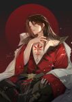  1boy absurdres bangs bare_pectorals black_hair brown_hair chest_tattoo chinese_clothes hanfu highres lianhua_xue_ya long_hair long_sleeves looking_at_viewer male_focus parted_bangs pectorals rachelee618 red_eyes solo tattoo the_tale_of_food wide_sleeves 