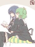  2girls antenna_hair artist_name assault_lily bangs bed black_hair black_ribbon black_skirt black_thighhighs book breasts brown_background buttons closed_eyes commentary cropped_jacket crossed_legs frilled_skirt frills from_side gochisousama_(tanin050) green_hair green_thighhighs hair_between_eyes hair_ribbon hands_up head_on_another&#039;s_shoulder heads_together high-waist_skirt highres holding holding_book hug hug_from_behind interlocked_fingers juliet_sleeves large_breasts leg_ribbon light_blush long_hair long_sleeves looking_at_object looking_down miniskirt multicolored_thighhighs multiple_girls no_shoes on_bed open_book open_mouth own_hands_together parted_lips profile puffy_sleeves reading ribbon school_uniform shirai_yuyu shirt short_hair sidelocks sitting skirt striped striped_thighhighs thigh-highs thigh_ribbon two-tone_background two_side_up violet_eyes wariza white_background white_shirt yellow_ribbon yellow_thighhighs yoshimura_thi_mai yuri yurigaoka_girls_academy_school_uniform zettai_ryouiki 
