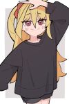 1girl arm_up bangs black_shirt black_shorts blonde_hair blush closed_mouth cowboy_shot hair_between_eyes highres kamo_(kamonabe_44) long_hair long_sleeves looking_at_viewer original red_eyes shirt shorts smile solo twintails two_side_up