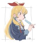  1girl :p aikatsu! aikatsu!_(series) bangs blazer blonde_hair blue_jacket blush bow cross_tie dobudouhu eating food from_side hair_behind_ear hair_between_eyes hair_bow hand_up high_collar holding holding_food holding_ice_cream hoshimiya_ichigo jacket long_hair long_sleeves looking_ahead outside_border popsicle red_bow red_eyes red_ribbon ribbon school_uniform signature simple_background sketch solo starlight_academy_uniform tareme tongue tongue_out upper_body white_background 
