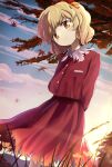  1girl absurdres aki_shizuha arms_behind_back autumn autumn_leaves blonde_hair blush buttons closed_mouth collared_shirt hair_ornament highres leaf leaf_hair_ornament long_sleeves maple_leaf red_shirt red_skirt shirt short_hair skirt smile solo street_dog touhou yellow_eyes 