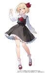  1girl arm_up ascot bangs black_skirt black_vest blonde_hair blush bow collared_shirt commentary_request frills full_body grey_socks hair_between_eyes hair_bow hand_up kanda_done long_sleeves looking_to_the_side open_mouth puffy_long_sleeves puffy_sleeves red_ascot red_bow red_eyes red_footwear rumia shirt shoes short_hair simple_background skirt skirt_set smile socks solo standing tongue touhou touhou_spell_bobble vest white_background white_shirt 