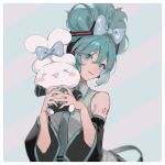  1girl animal bangs blue_bow blue_eyes blue_hair blue_necktie border bow cinnamiku cinnamoroll closed_mouth collared_shirt detached_sleeves eyokiki grey_shirt hair_between_eyes hair_bow hair_up hatsune_miku holding holding_animal long_hair long_sleeves looking_at_viewer necktie official_alternate_hairstyle shirt simple_background single_bare_shoulder smile vocaloid white_border wide_sleeves 