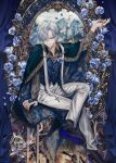  1boy absurdres blue_eyes blue_flower blue_nails blue_rose blue_vest brown_shirt cloak collared_shirt commission earrings flower grey_hair hair_over_one_eye highres jewelry long_sleeves looking_at_viewer male_focus mirror open_mouth original pants rose shirt signature single_earring sitting smile tomoyami vest white_pants 