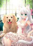  1girl animal animal_ears aqua_eyes breasts cat_ears cat_girl cat_tail dog dress frilled_dress frills highres long_hair medium_breasts minami_kawa original sitting strapless strapless_dress tail white_dress white_hair 