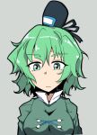  1girl bangs black_headwear closed_mouth cross-laced_clothes green_eyes green_hair grey_background hat looking_at_viewer midori_niku ofuda ofuda_on_clothes simple_background soga_no_tojiko solo tate_eboshi touhou upper_body 